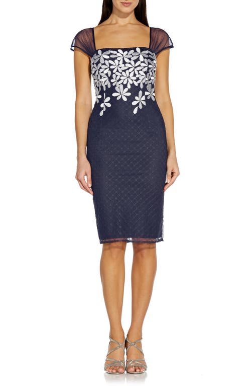 Adrianna Papell Metallic Floral Embroidered Cocktail Sheath Dress in Navy/Ivory