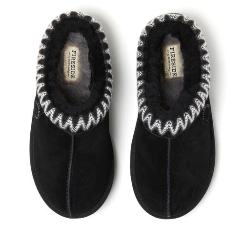 Shop Dearfoams Fireside Greta Genuine Shearling Clog Slipper With Taping In Black