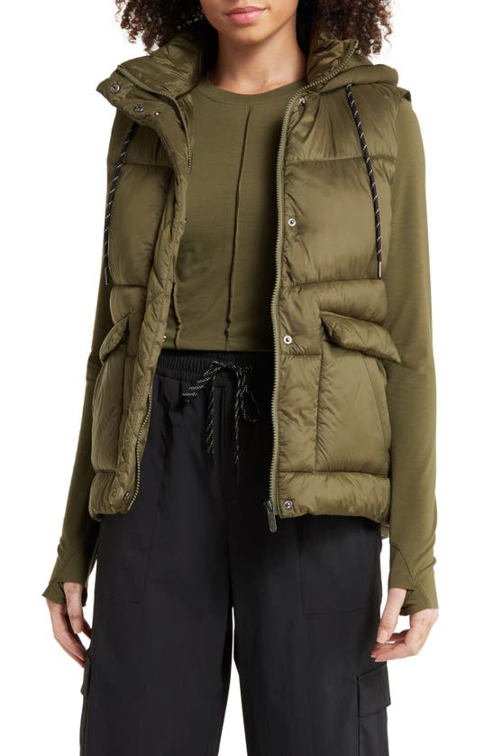 Zella Quilted Hooded Cocoon Vest In Olive Night