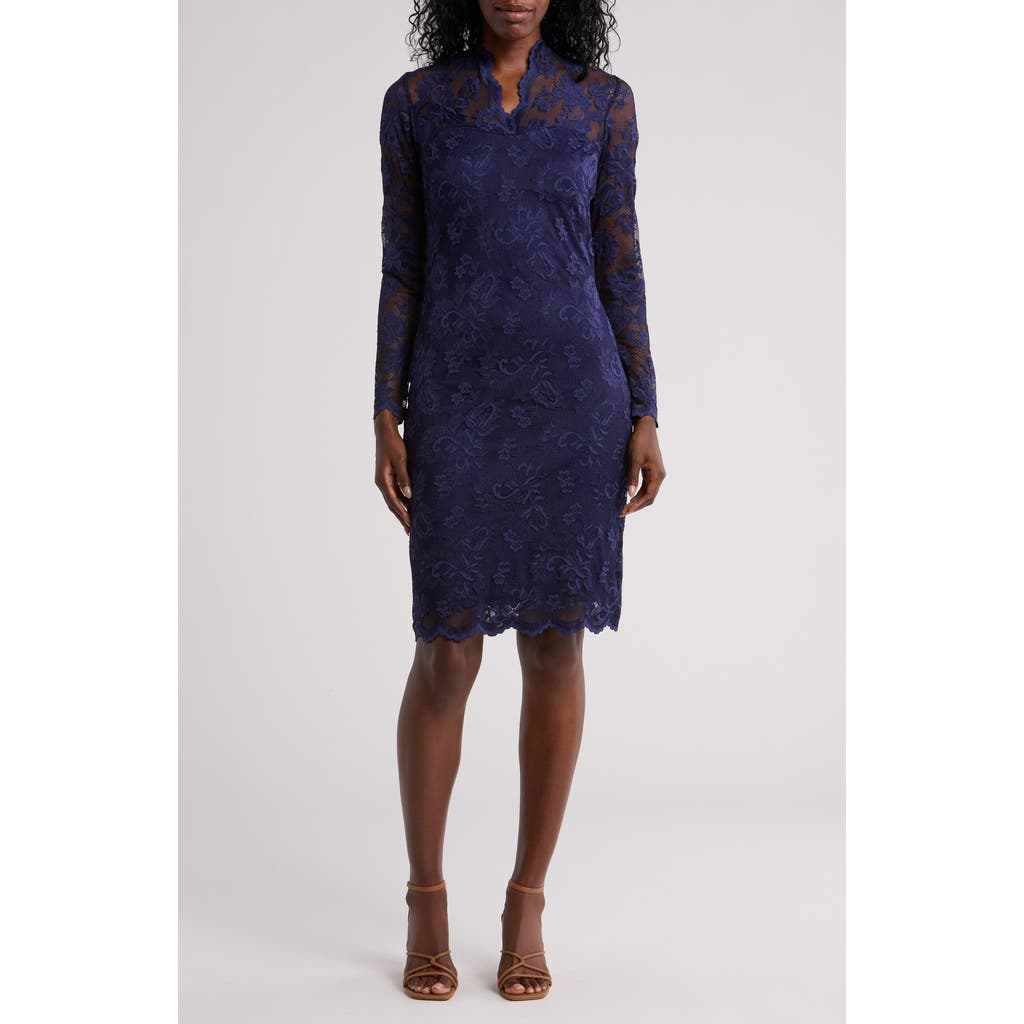 Marina Scallop Lace Long Sleeve Sheath Dress In Navy
