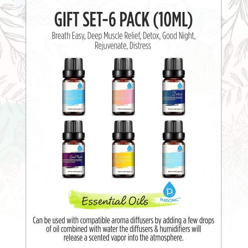 Pursonic 6 Pack Of 100% Pure Essential Aromatherapy Oils Blends In Multicolor