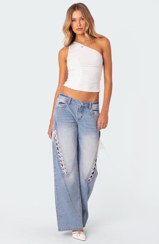 Shop Edikted Lace-up Low Rise Wide Leg Jeans In Light-blue