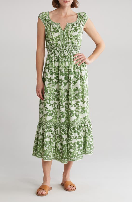Shop Max Studio Floral Tiered Maxi Dress In Mint/ Forest Dancing Leaves