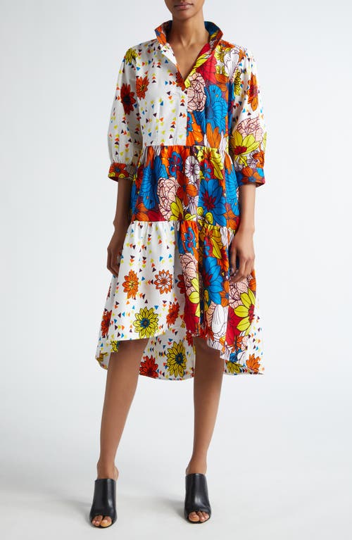 Mixed Print Tiered High-Low Shirtdress in Blue Orange Ruby Golden