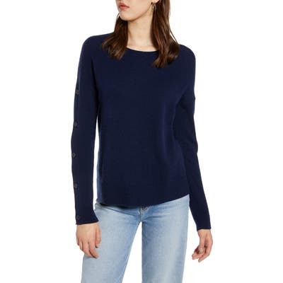 Halogen Wool & Cashmere Button Sleeve Sweater, Blue