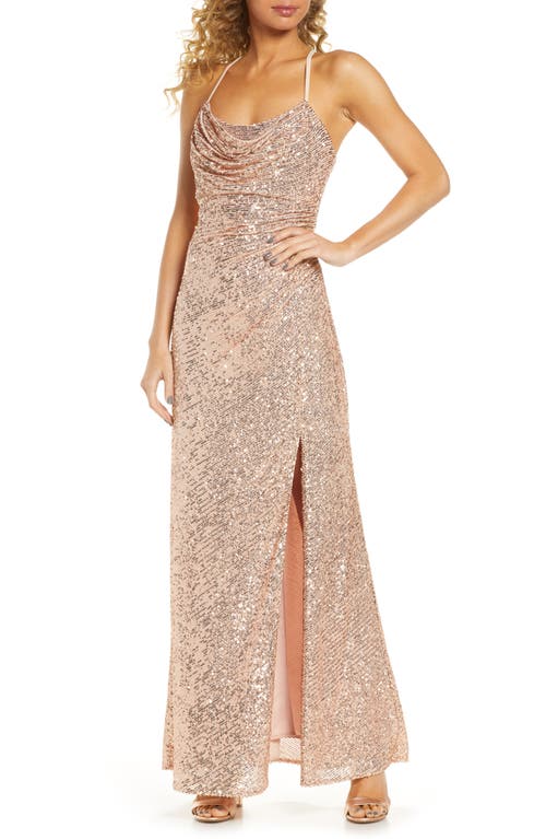 Cowl Neck Sequin Crossback Body-Con Gown in Gold