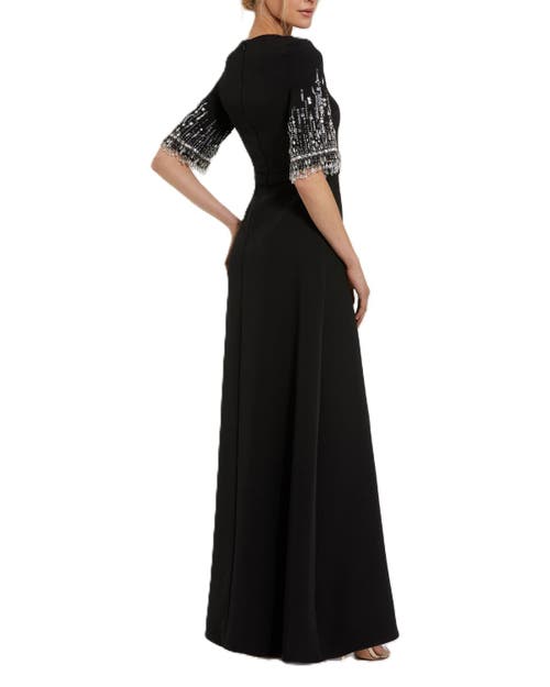 Mac Duggal Crepe A Line Gown With Beaded 3/4 Sleeves In Black