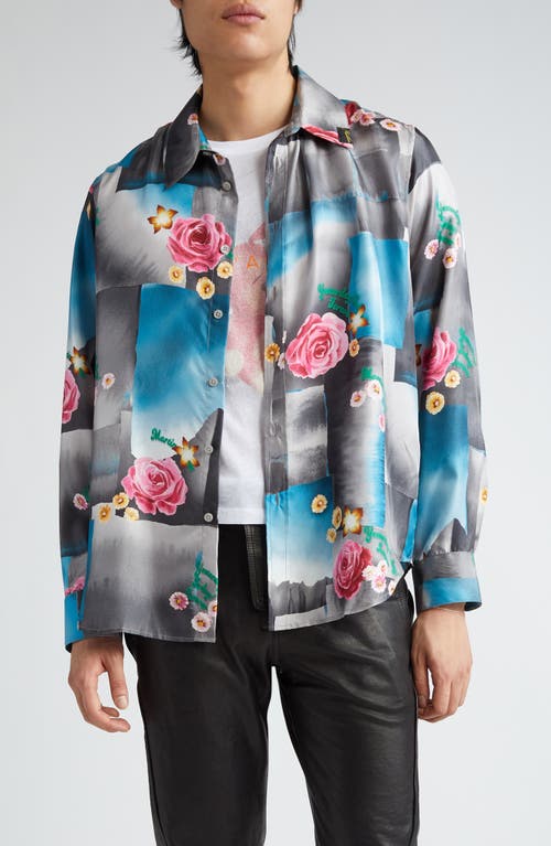 Martine Rose Classic Floral Patchwork Silk Satin Button-Up Shirt Today Blue Steel at Nordstrom,