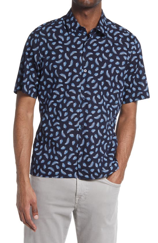 Hugo Boss Lukka Floral Short Sleeve Cotton Button-up Shirt In Dark Blue