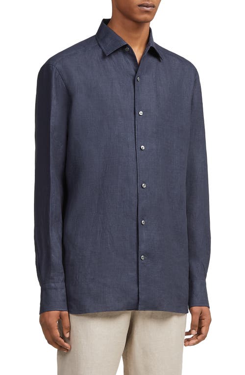 ZEGNA Luxury Linen Button-Up Shirt Navy at Nordstrom,