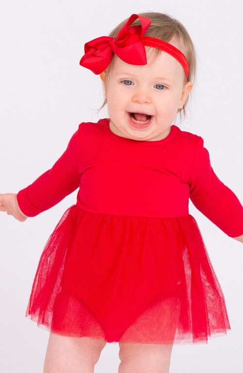 Shop Rufflebutts Holiday Long Sleeve Cotton Skirted Tulle Bodysuit & Bow Leggings Set In Red