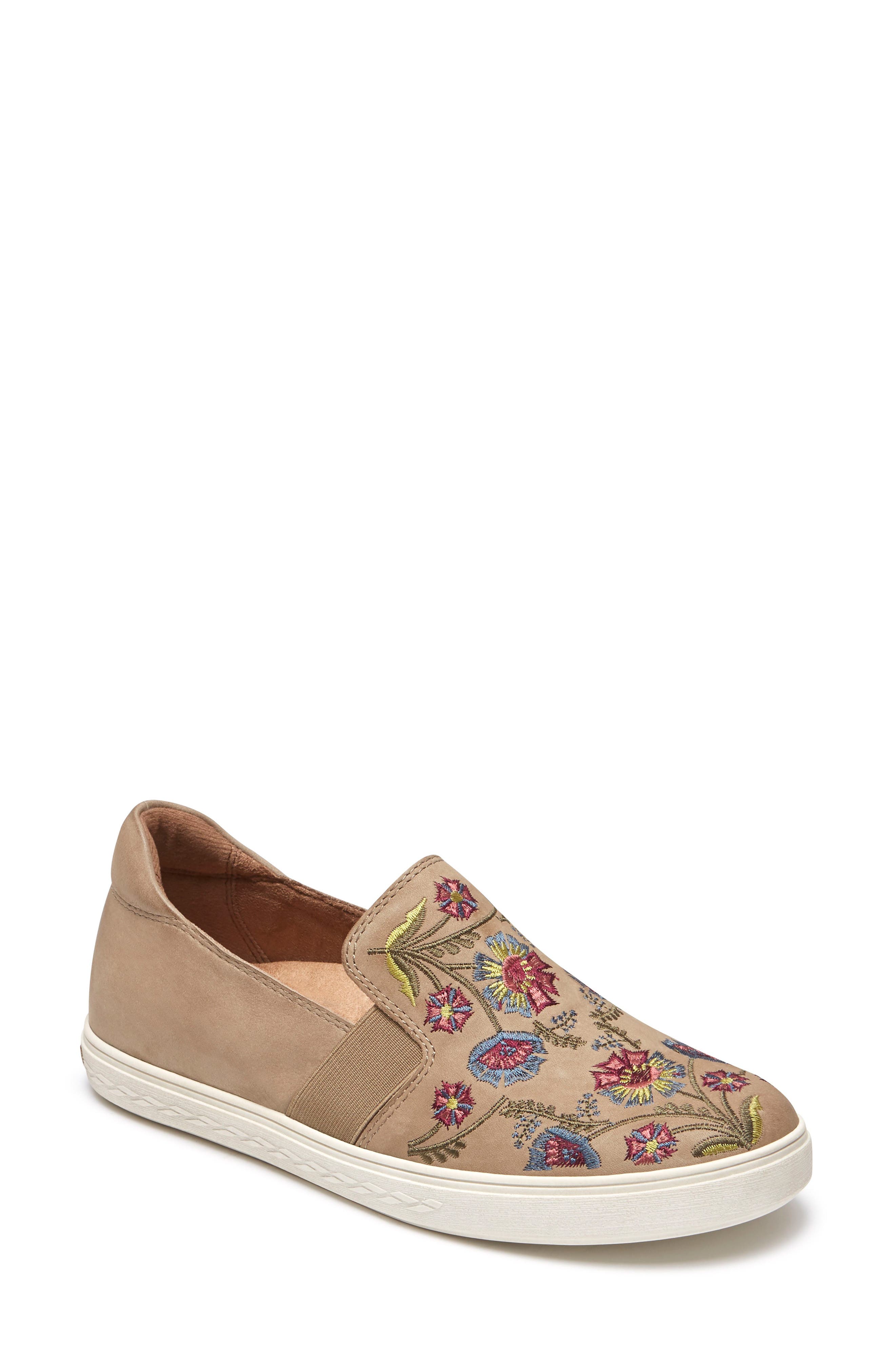 Cobb Hill Flower Embroidered Slip-On Sneaker- Beige