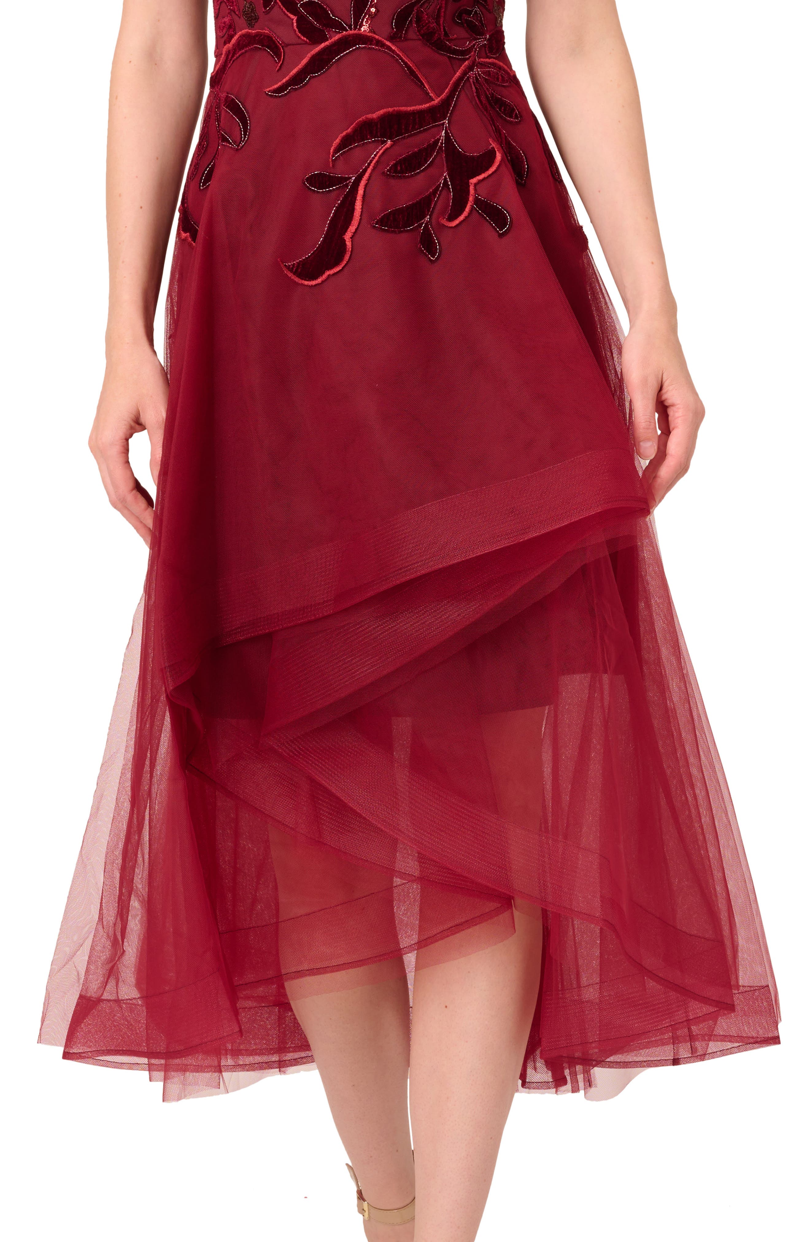 Adrianna Papell Velvet Appliqu Tulle Cocktail Dress in Garnet