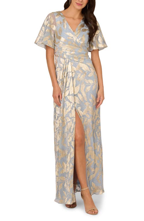 Adrianna Papell Metallic Leaf Jacquard Draped Gown in Light Blue/Gold 