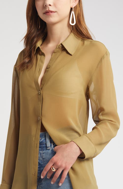 Shop Open Edit Sheer Button-up Shirt In Olive Brine