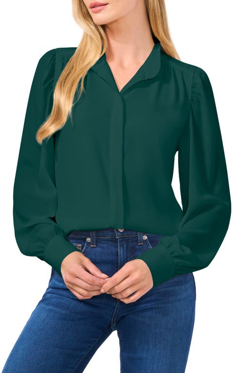 Shop Cece Open Collar Long Sleeve Georgette Button-up Shirt In Dark Forest Green