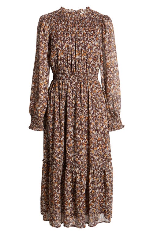 Mila Mae Smocked Tiered Long Sleeve Midi Dress In Wine Multi