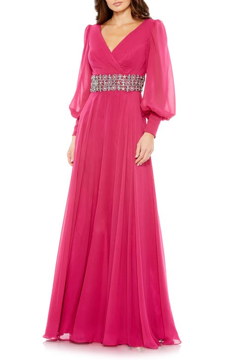 Belted Long Sleeve A-Line Gown