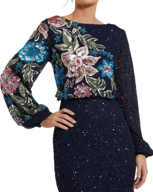 Mac Duggal Embellished Multi Color Floral High Neck Gown In Midnight