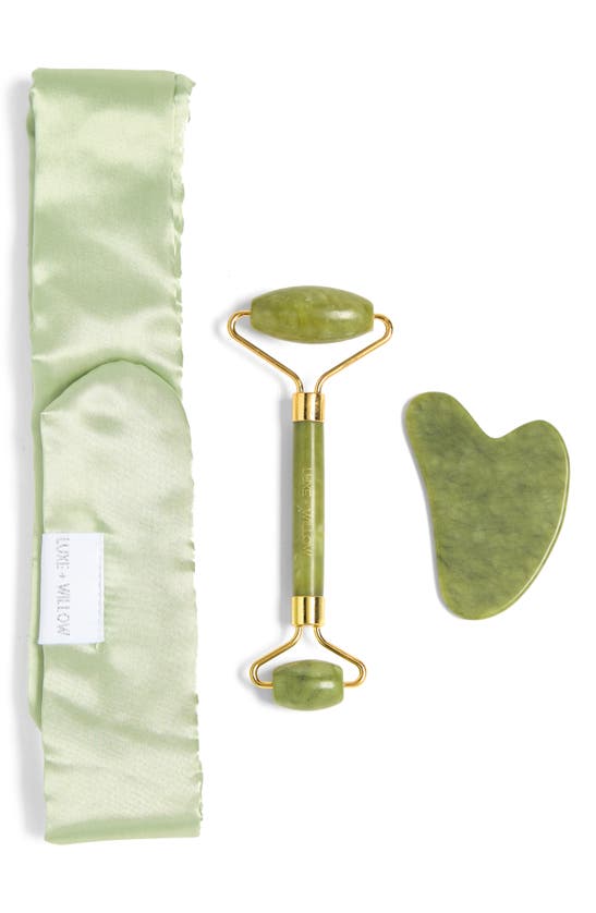 Luxe And Willow Jade Roller, Gua Sha & Satin Headband Set In Green