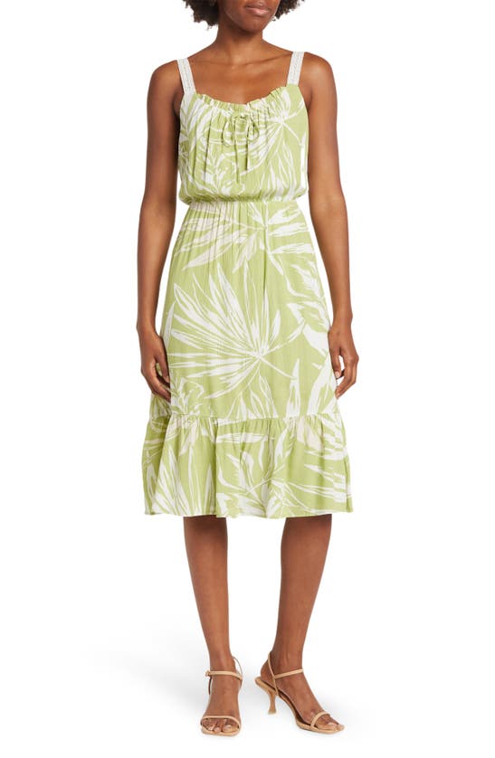 Collective Concepts Crochet Detail Tropical Midi Dress In Green/ Offwhite |  ModeSens