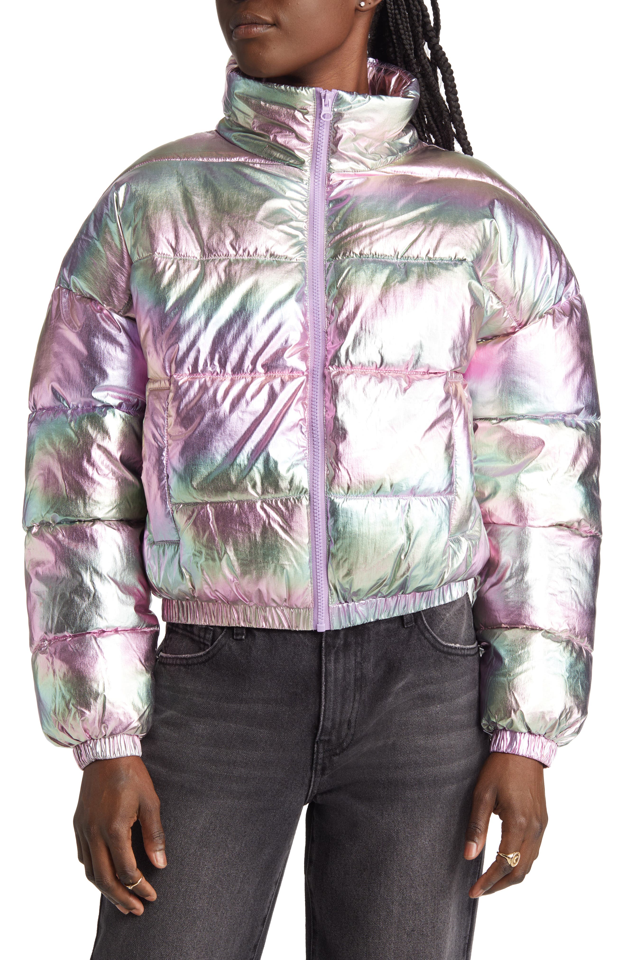 purple holographic puffer jacket