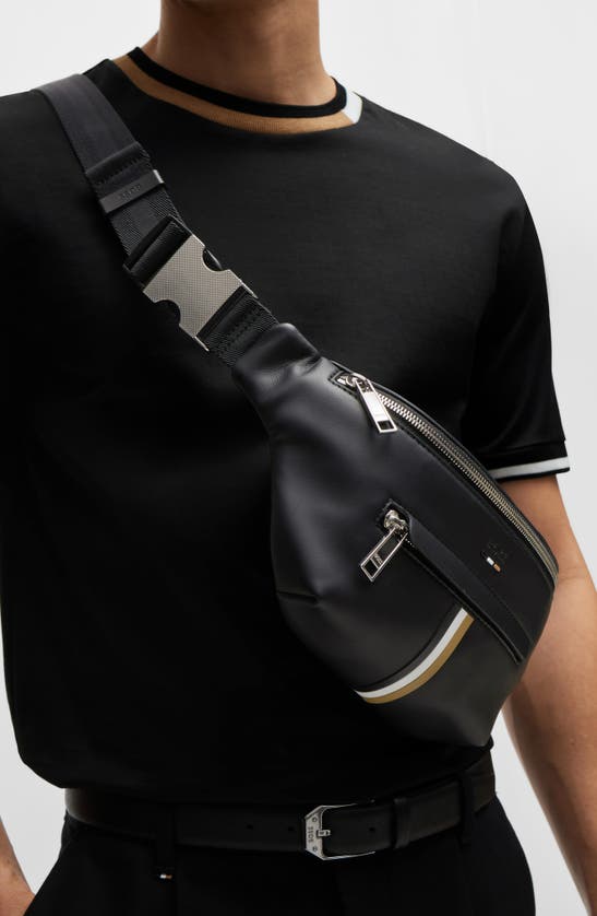 Shop Hugo Boss Ray Stripe Faux Leather Belt Bag In Black