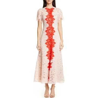 Lela Rose Flutter Sleeve Contrast Lace Maxi Dress