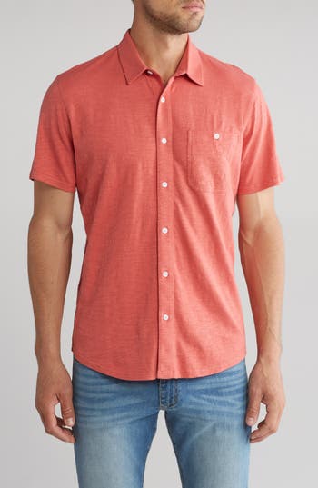 Shop 14th & Union Short Sleeve Slubbed Knit Button-up Shirt In Coral Faded