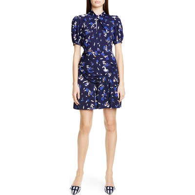Self-Portrait Floral Puff Sleeve Jersey Crepe Minidress, Blue