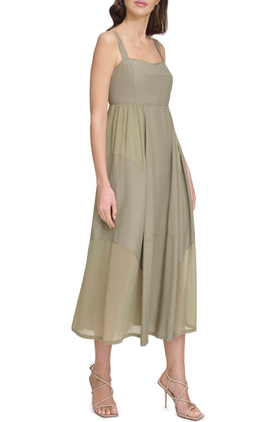 Shop Dkny Paneled Mixed Media Midi Dress In Light Fatigue