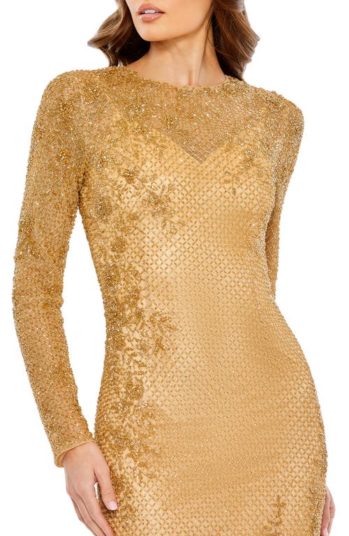 Shop Mac Duggal Beaded Long Sleeve Column Gown In Gold