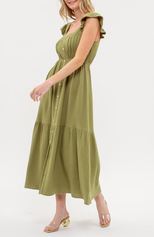 August Sky Flutter Sleeve Button Front Dress In Dusty Olive