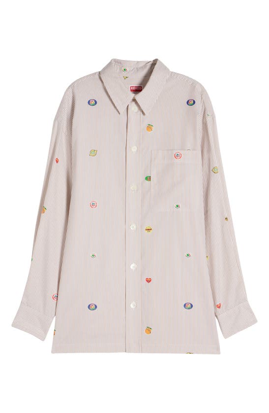 Shop Kenzo Fruit Stickers Oversize Stripe Button-up Shirt In Camel