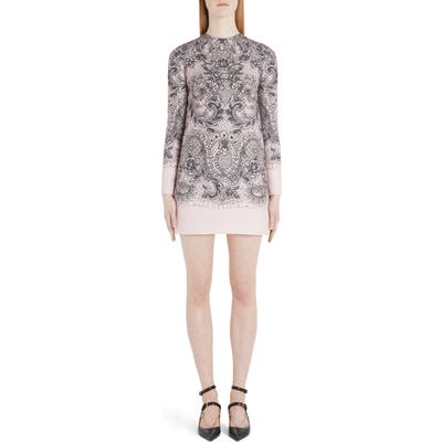 Valentino Lace Print Long Sleeve Crepe Minidress, US / 44 IT - Pink