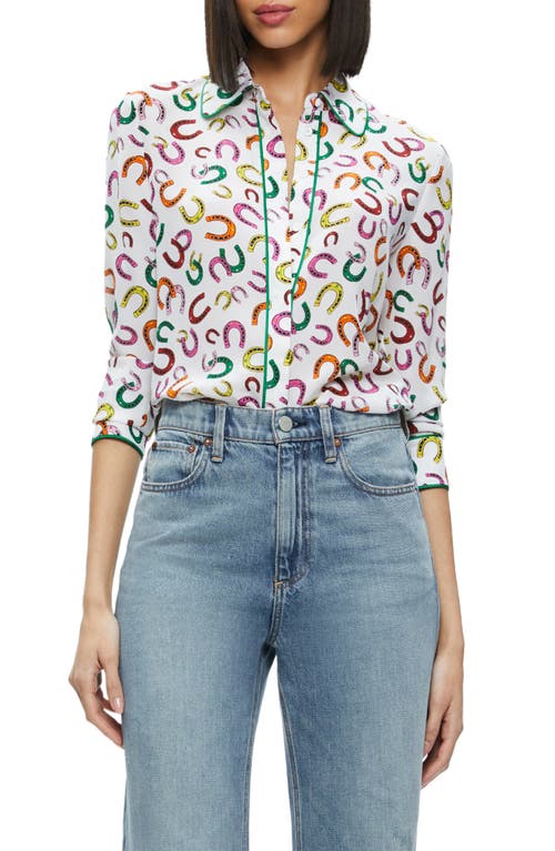 Alice + Olivia Willa Horseshoe Print Silk Button-Up Shirt in Lucky You