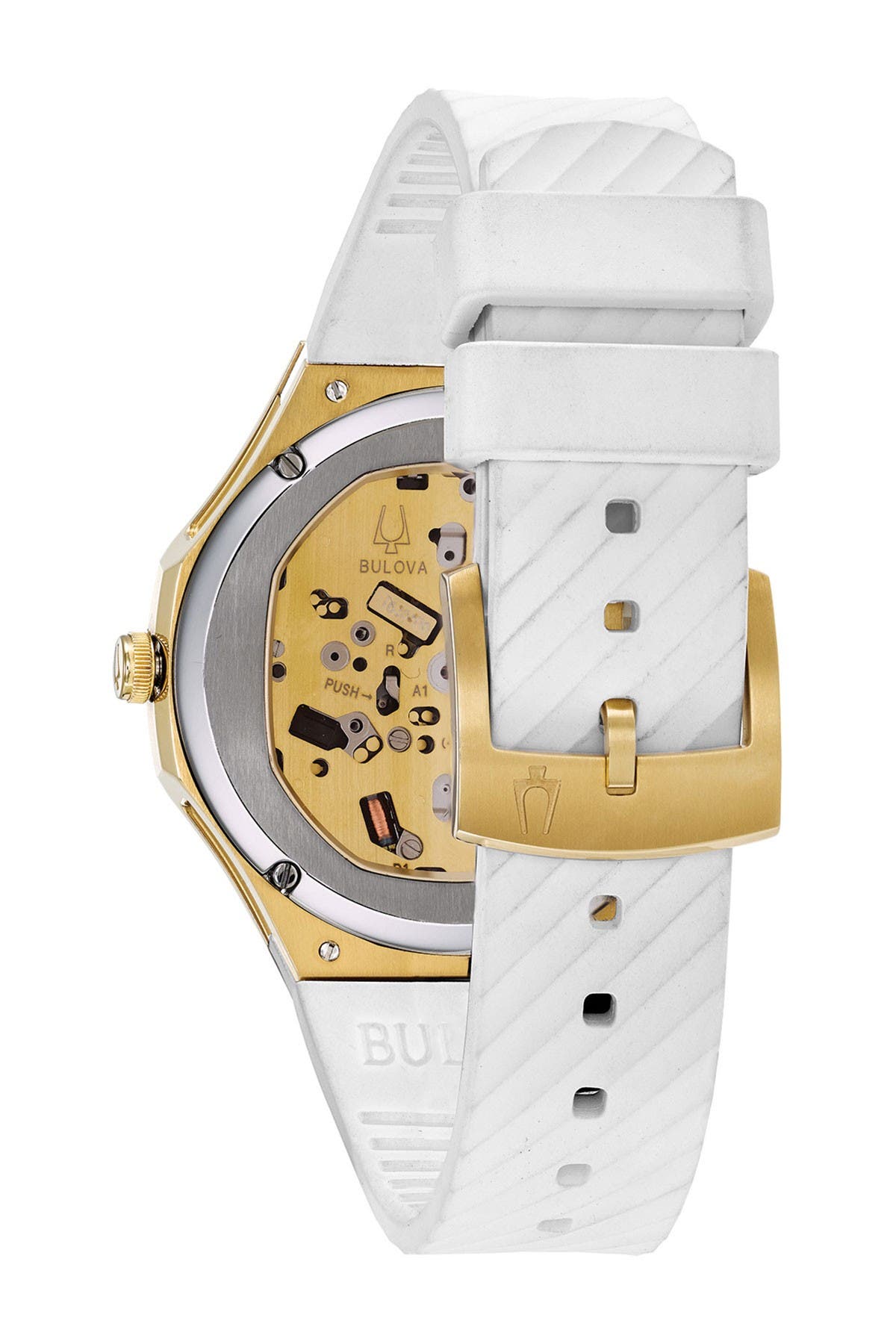 Bulova Women's CURV Gold Diamond White Dial Rubber Strap Watch, 40