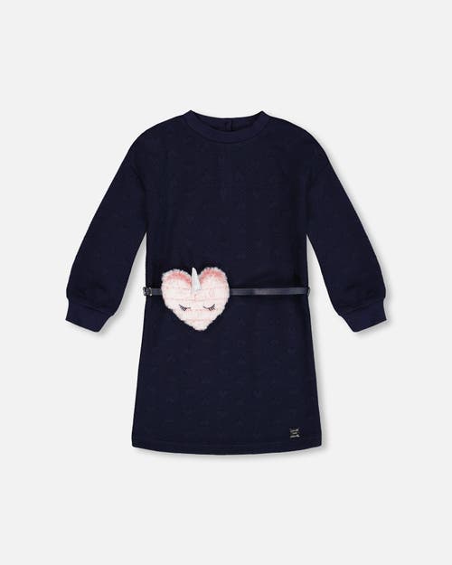 Shop Deux Par Deux Little Girl's Quilted Heart Fleece Dress With Belt Navy In Peacoat