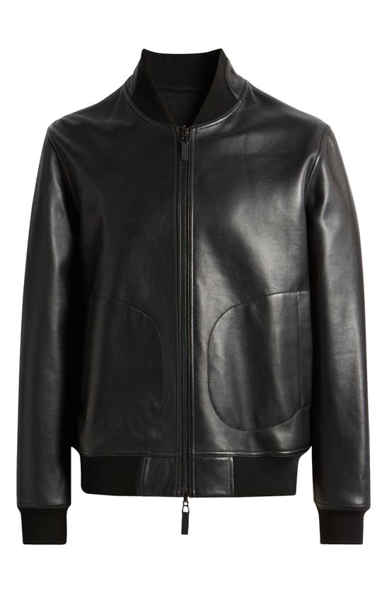 Shop Emporio Armani Leather Bomber Jacket In Solid Black