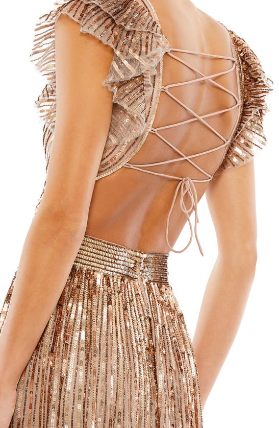 Shop Mac Duggal Sequin Cutout Gown In Copper
