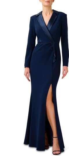 Adrianna Papell Crepe Long Sleeve Tuxedo Trumpet Gown | Nordstrom