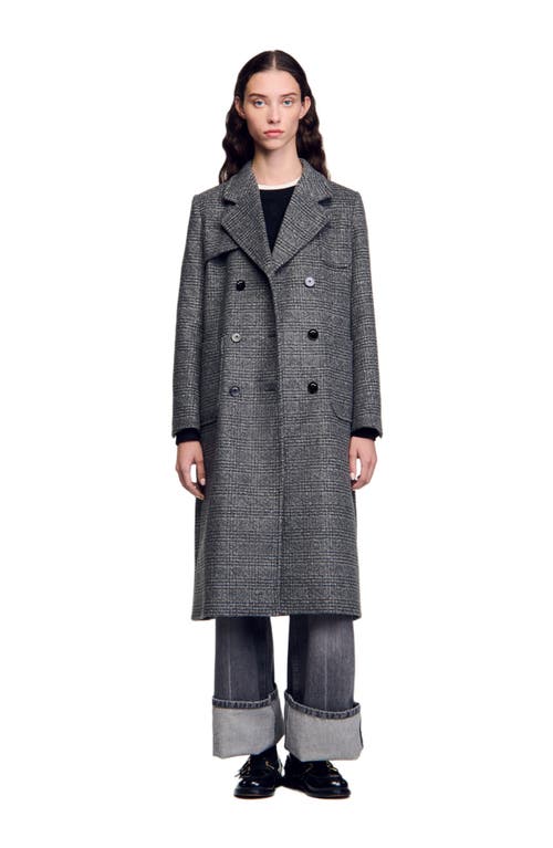 Shop Sandro Long Checked Coat In Grey