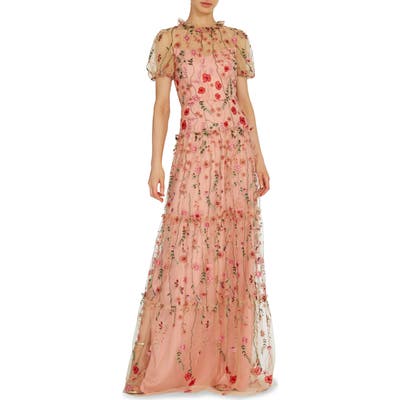 Ml Monique Lhuillier Floral Embroidered A-Line Gown, Pink