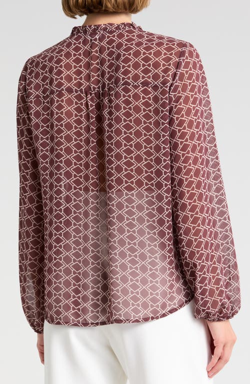 Pleione Ruffle Long Sleeve Button Front Blouse In Burgundy/ecru Chain