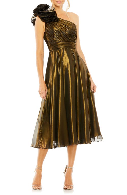 Rosette One-Shoulder Iridescent A-Line Dress in Antique Gold