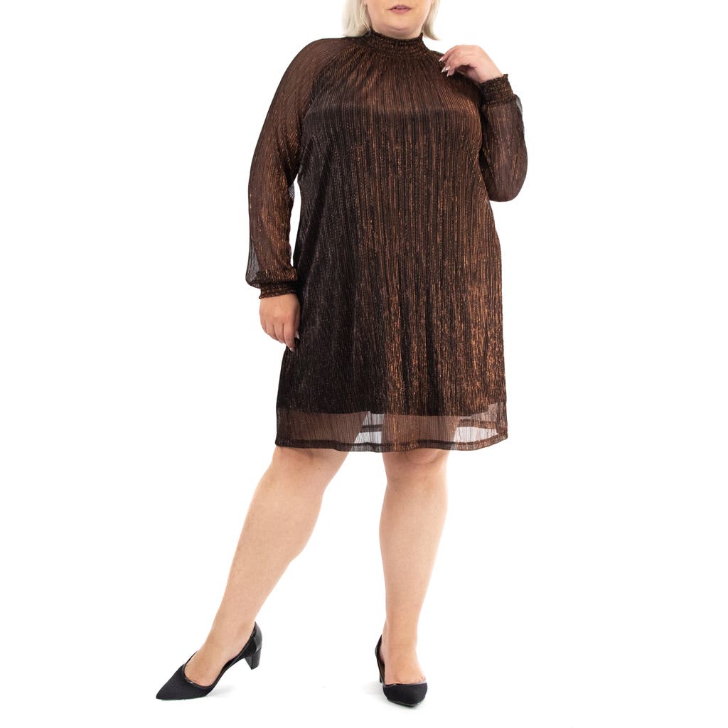 Shop Nina Leonard Smock Neck Metallic Overlay Dress In Black/copper