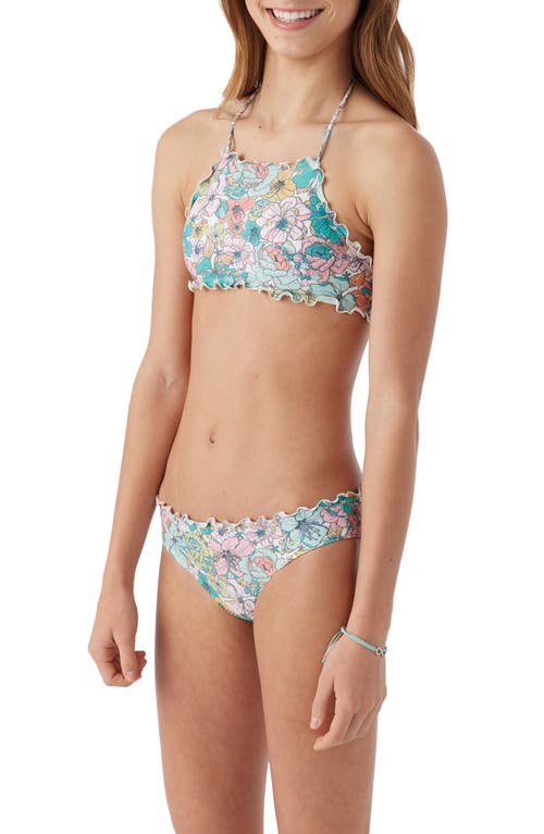 Shop O'neill Kids' Janis Ruffle Floral Two-piece Swimsuit In Pink Multi Colored