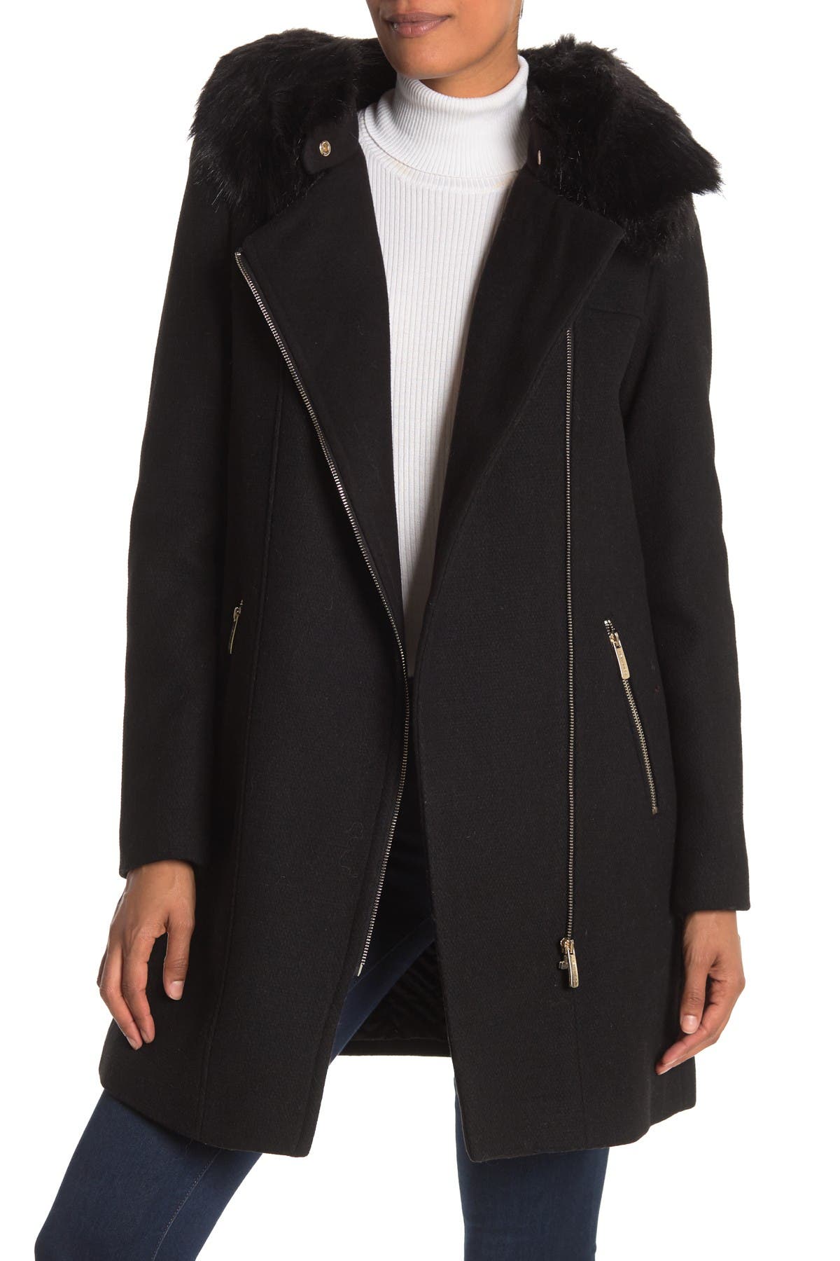 calvin klein hooded wool parka with faux fur