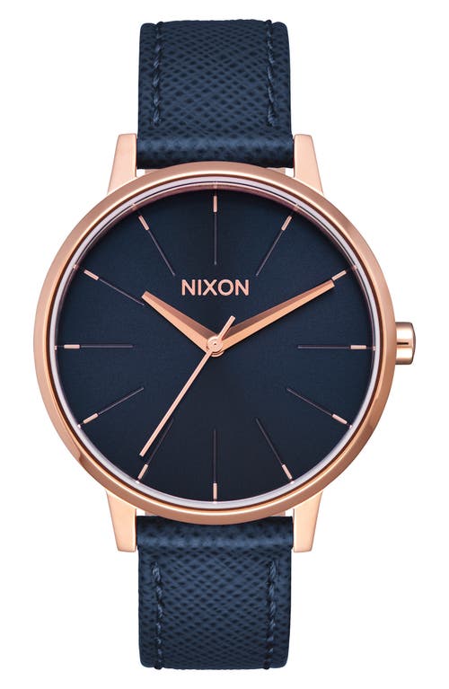 Nixon 'The Kensington' Leather Strap Watch, 37mm in Blue/Rose Gold at Nordstrom
