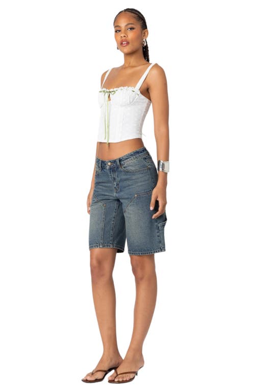 Edikted Low Rise Denim Carpenter Bermuda Shorts In Blue